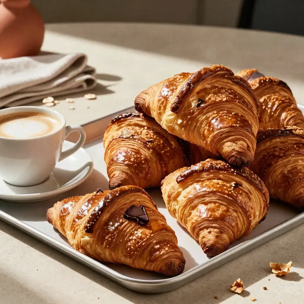 Vassoio con cornetti, pain au chocolat e cappuccino su tovaglia neutra, luce calda.