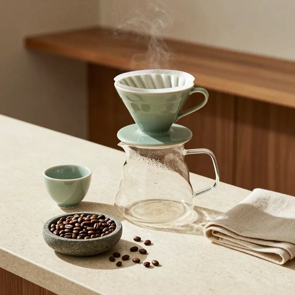 Setup filtro con dripper in ceramica, caraffa di vetro e chicchi su banco in travertino.