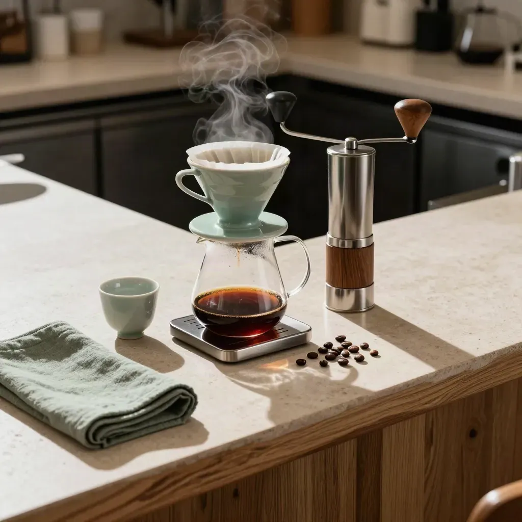 Bar filtro con dripper, caraffa, macinino e chicchi, in luce drammatica.
