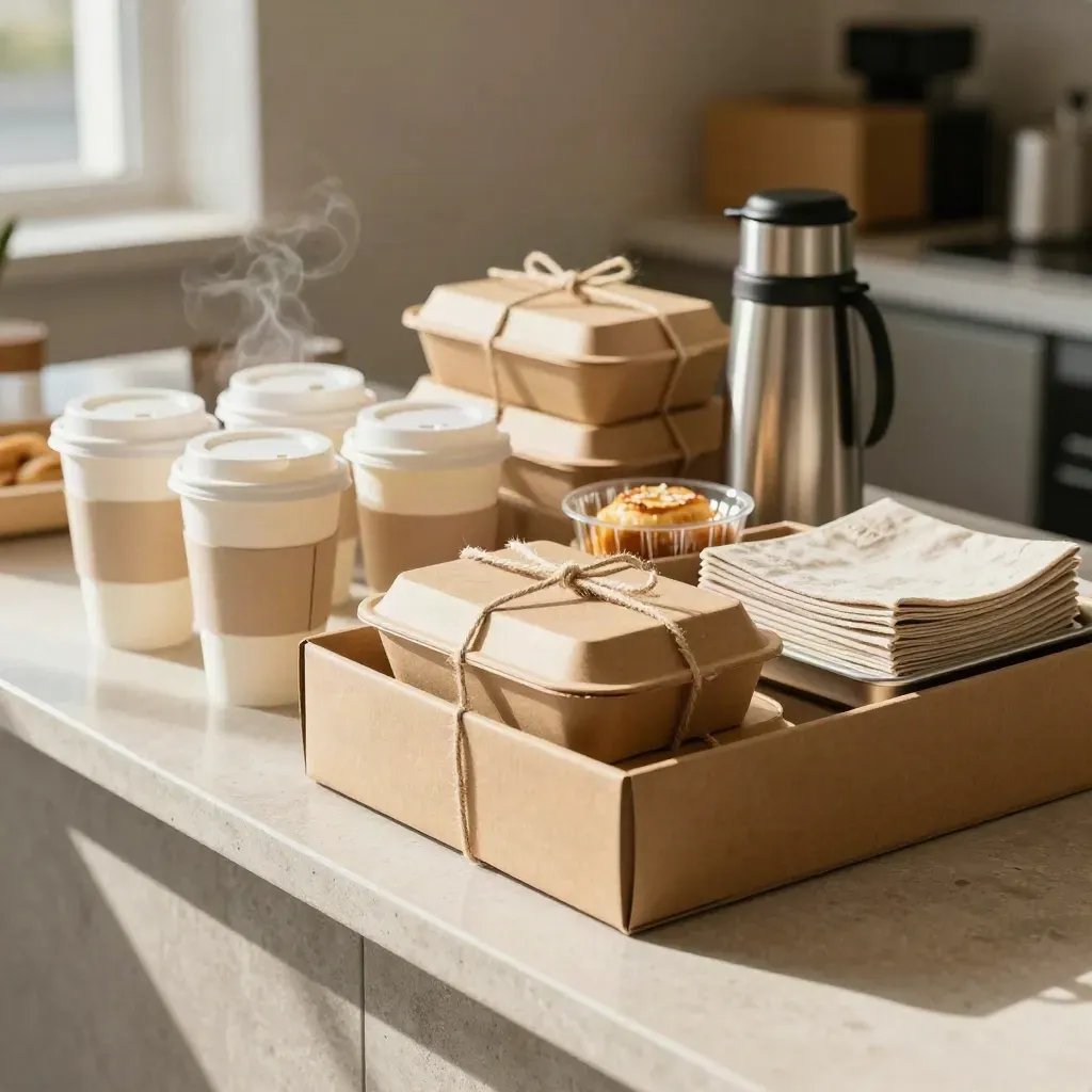 Box catering, bevande calde e sacchetti kraft pronti su banco di preparazione.