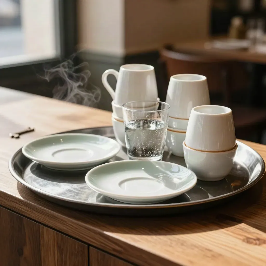 Vassoio metallico con tazze impilate, bicchiere d’acqua e sottotazze ceramiche in un bar elegante.