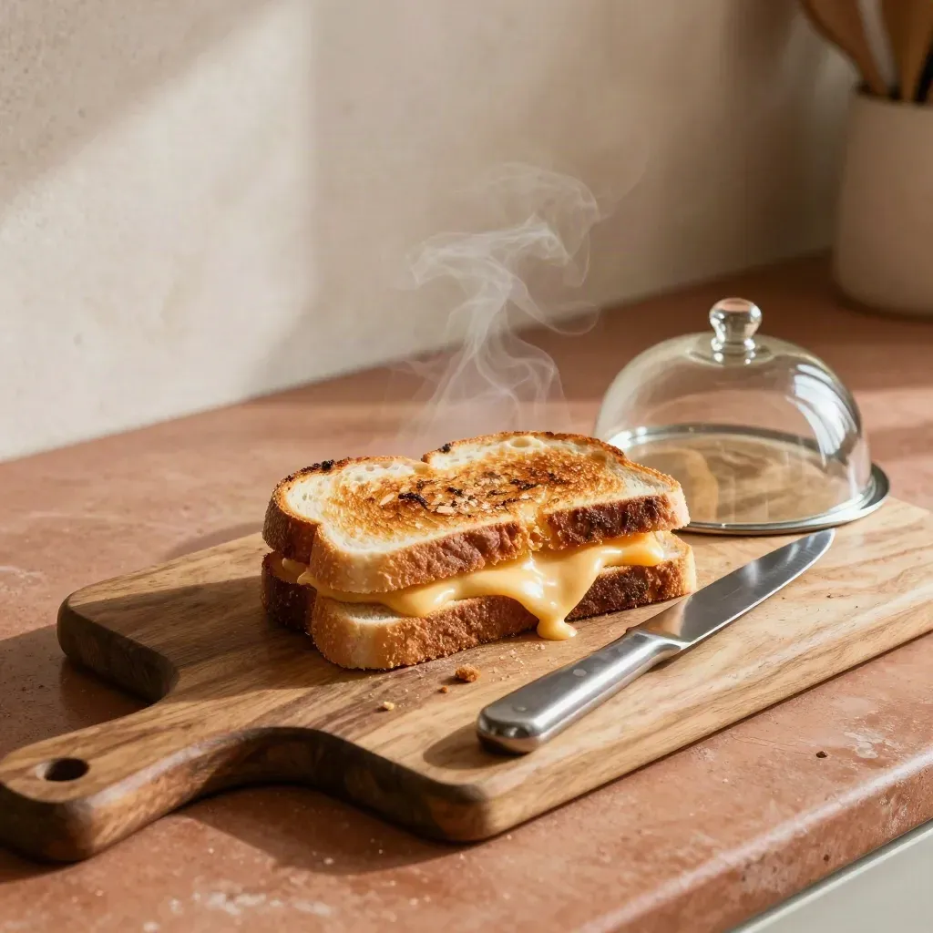 Tagliere con pane dorato, panino aperto fumante, coltello e cloche su banco rustico.