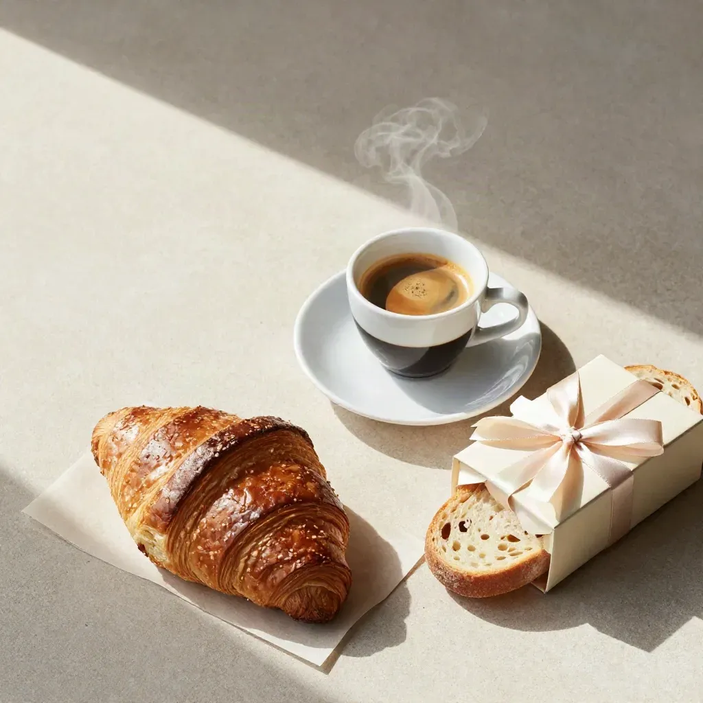 Flatlay dall’alto con espresso, brioche, panino e box regalo su pietra crema.
