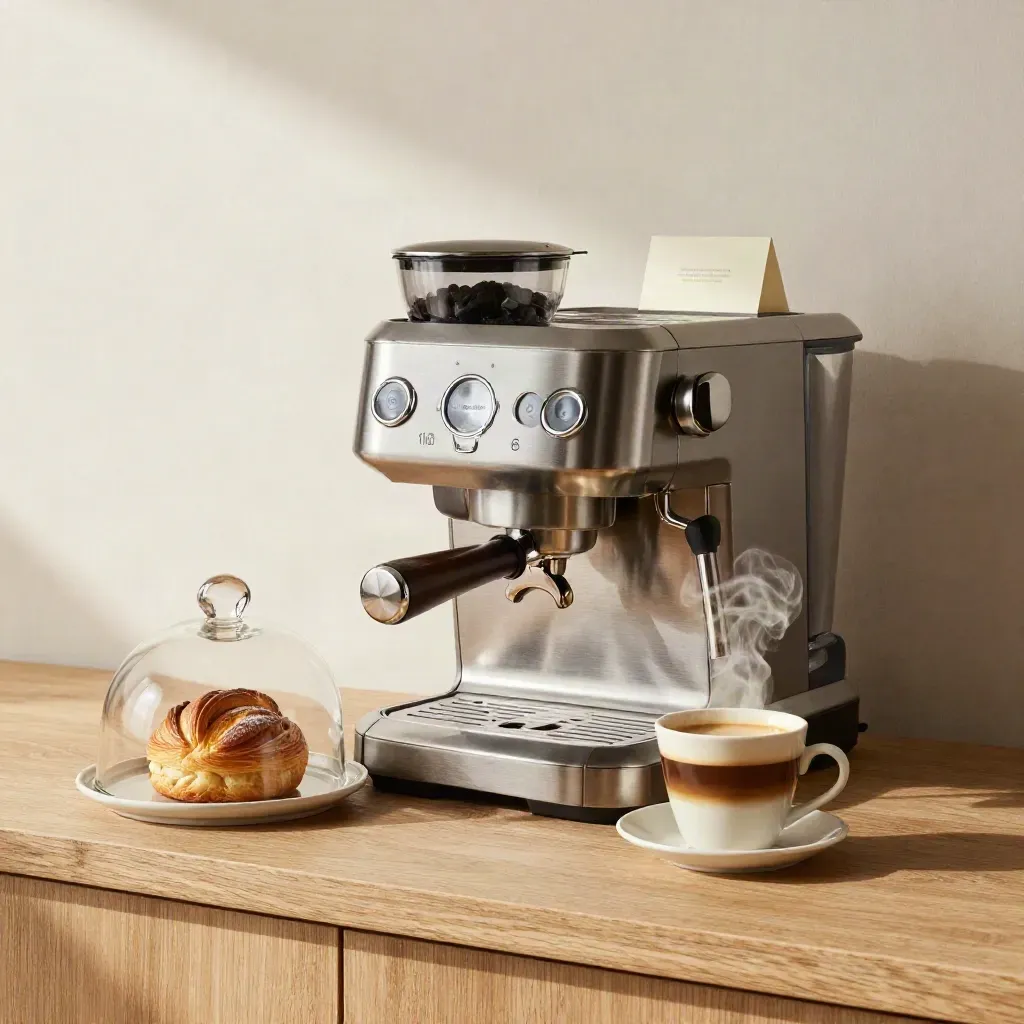 Macchina espresso, brioche sotto campana e tazza pronta su banco in legno chiaro.