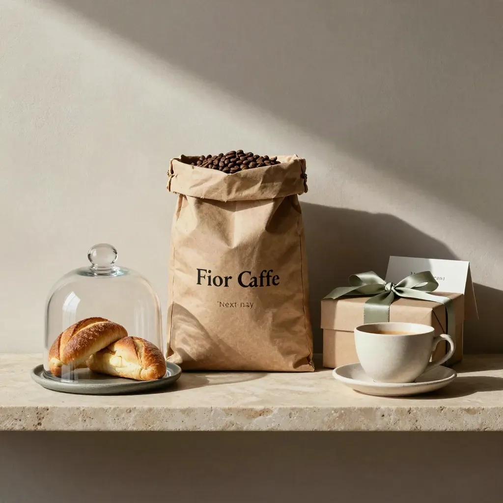 Sacchetto di grani, brioche sotto campana, box regalo e tazza vuota su mensola in pietra.