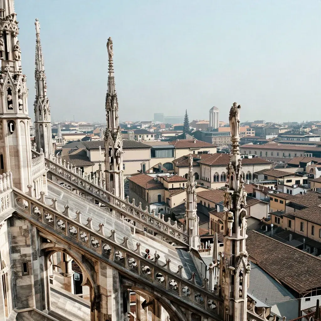 Duomo di Milano e tetti nella foschia calda dell’alba, vista panoramica alta.