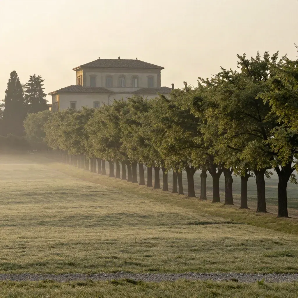 Viale alberato e Villa Reale di Monza in controluce tra campi e foschia dorata.