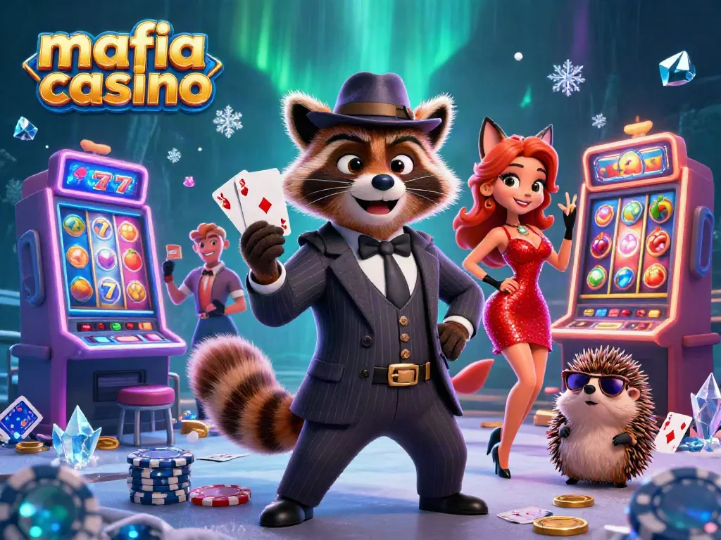 Mafia casino animated scene featuring a raccoon in a suit, fox lady, and hedgehog bouncer at a vibrant slot machine.